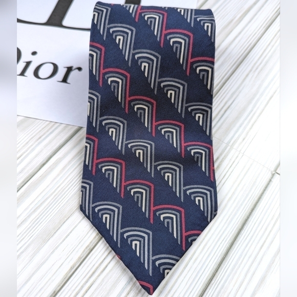 Christian Dior Vintage Geometric Silk Necktie in Slate Blue and Gray - Picture 2 of 7